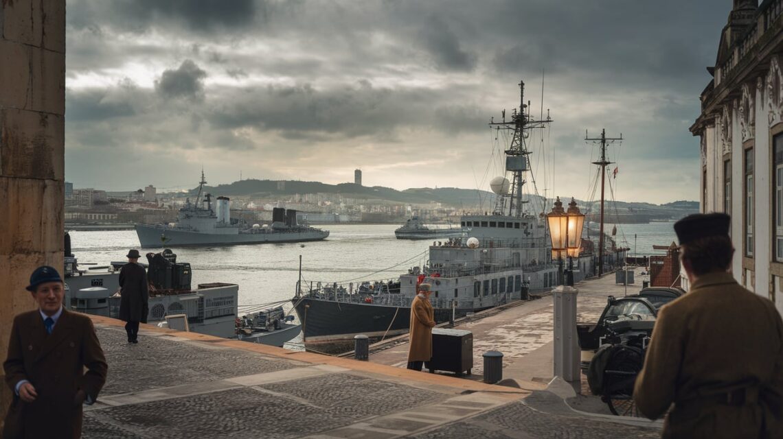 A-movimentada-Lisboa-dos-anos-1940-com-um-ambiente-de-Segunda-Guerra-Mundial-espiões-à-espreita-nas-sombras-enquanto-navios-de-guerra-e-diplomatas-cruzam-o-porto-sob-um-céu-cinzento-e-nebuloso