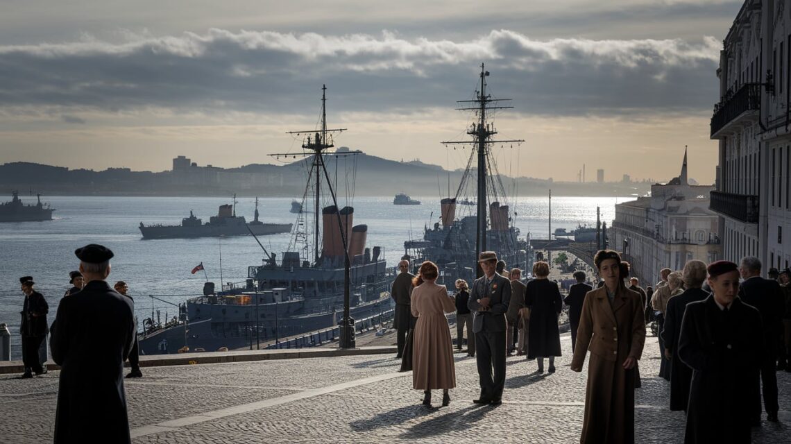 A-movimentada-Lisboa-dos-anos-1940-com-um-ambiente-de-Segunda-Guerra-Mundial-espiões-à-espreita-nas-sombras-enquanto-navios-de-guerra-e-diplomatas-cruzam-o-porto-sob-um-céu-cinzento-e-nebuloso