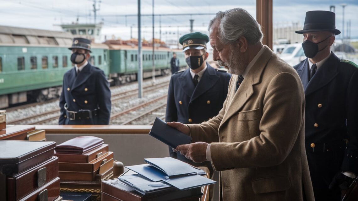 Aristides-de-Sousa-Mendes-assinando-passaportes-de-refugiados-em-um-escritório-em-Lisboa-enquanto-agentes-secretos-observam-de-fora-em-um-cenário-histórico-da-Segunda-Guerra-Mundial-com-trens-e-navios-de-fundo