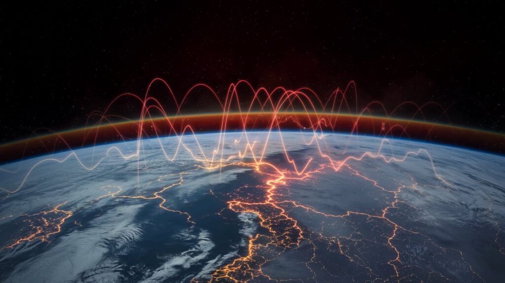 Cena-de-uma-Terra-vista-do-espaço-com-um-campo-magnético-em-colapso-visualmente-representado-como-uma-rede-de-linhas-brilhantes-e-distorcidas-enquanto-a-radiação-solar-se-aproxima-do-planeta.-Tons-de-azul-e-vermelho-destacam-a-interação-entre-o-campo-magnético-e-as-partículas-solares