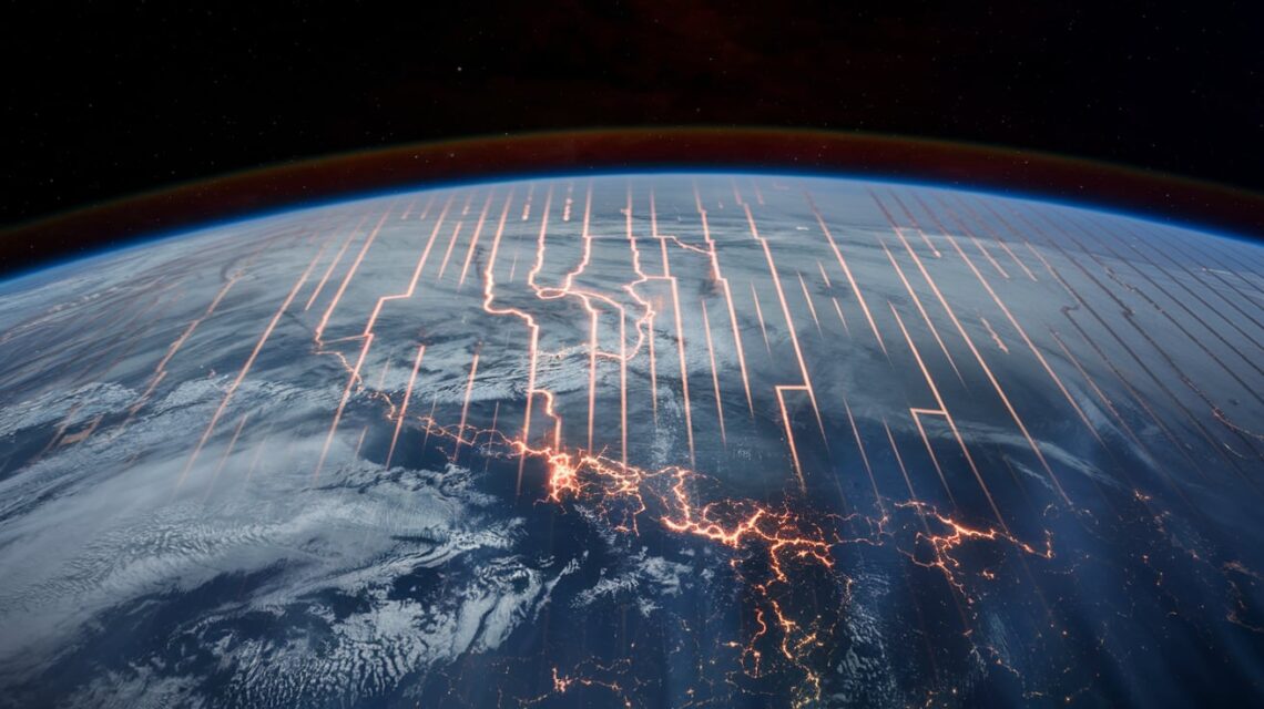 Cena-de-uma-Terra-vista-do-espaço-com-um-campo-magnético-em-colapso-visualmente-representado-como-uma-rede-de-linhas-brilhantes-e-distorcidas-enquanto-a-radiação-solar-se-aproxima-do-planeta.-Tons-de-azul-e-vermelho-destacam-a-interação-entre-o-campo-magnético-e-as-partículas-solares