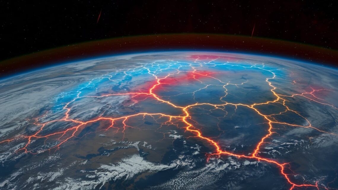 Cena-de-uma-Terra-vista-do-espaço-com-um-campo-magnético-em-colapso-visualmente-representado-como-uma-rede-de-linhas-brilhantes-e-distorcidas-enquanto-a-radiação-solar-se-aproxima-do-planeta.-Tons-de-azul-e-vermelho-destacam-a-interação-entre-o-campo-magnético-e-as-partículas-solares