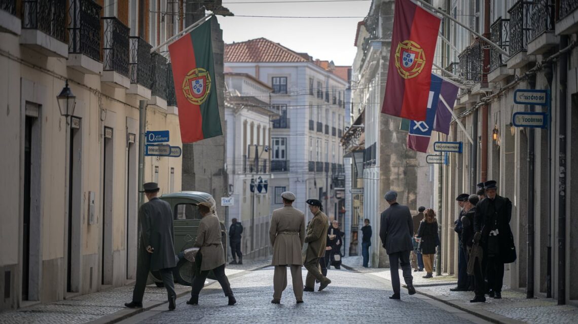 Cena-de-uma-rua-de-Lisboa-durante-a-Segunda-Guerra-Mundial-com-agentes-secretos-disfarçados-observando-movimentos-edifícios-antigos-bandeiras-neutras-de-Portugal-e-um-clima-tenso-e-intrigante-de-espionagem