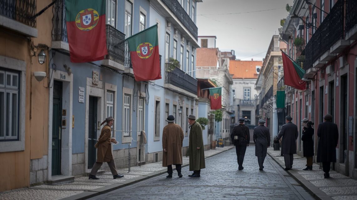 Cena-de-uma-rua-de-Lisboa-durante-a-Segunda-Guerra-Mundial-com-agentes-secretos-disfarçados-observando-movimentos-edifícios-antigos-bandeiras-neutras-de-Portugal-e-um-clima-tenso-e-intrigante-de-espionagem