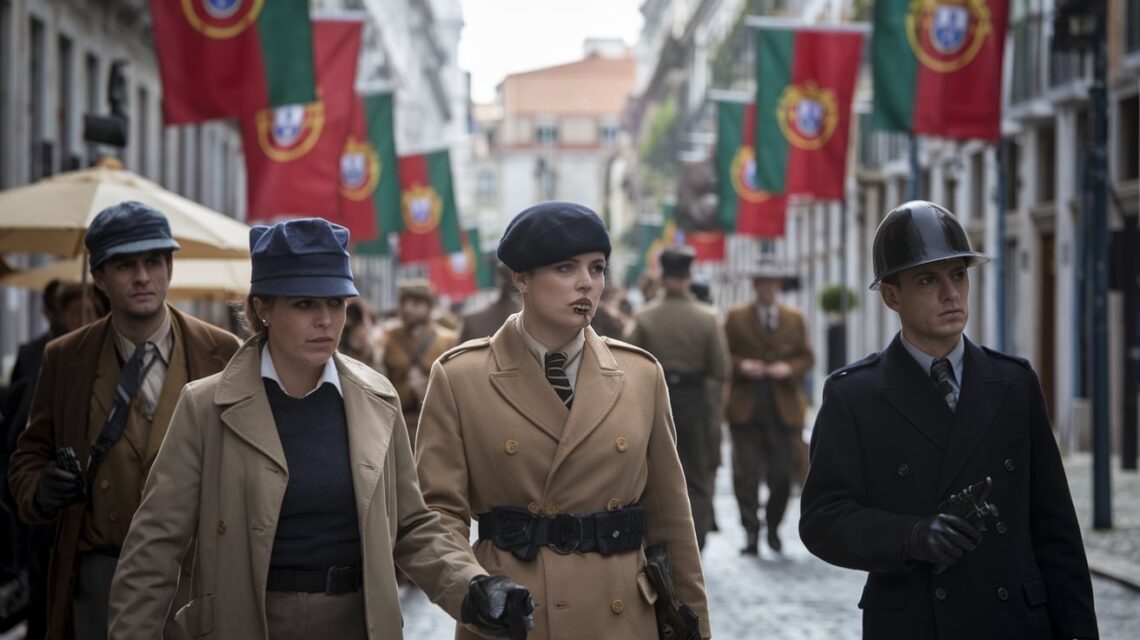 Cena-de-uma-rua-de-Lisboa-durante-a-Segunda-Guerra-Mundial-com-agentes-secretos-disfarçados-observando-movimentos-edifícios-antigos-bandeiras-neutras-de-Portugal-e-um-clima-tenso-e-intrigante-de-espionagem