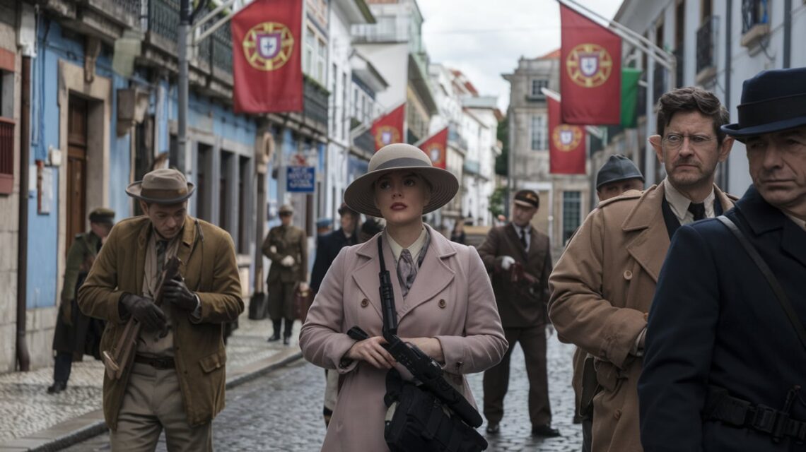 Cena-de-uma-rua-de-Lisboa-durante-a-Segunda-Guerra-Mundial-com-agentes-secretos-disfarçados-observando-movimentos-edifícios-antigos-bandeiras-neutras-de-Portugal-e-um-clima-tenso-e-intrigante-de-espionagem