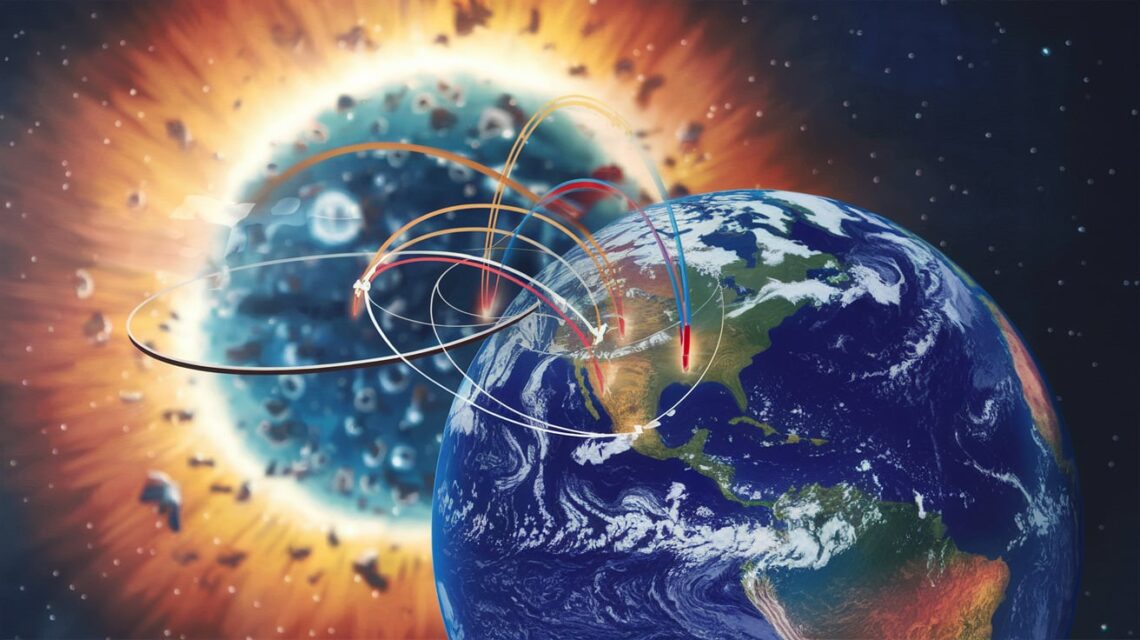 Ilustração-de-um-planeta-Terra-mostrando-o-processo-de-reversão-geomagnética-com-os-polos-magnéticos-se-deslocando-de-suas-posições-originais-e-as-linhas-do-campo-magnético-se-curvando-e-se-fragmentando-No-fundo-há-uma-visão-artística-de-partículas-solares-impactando-a-atmosfera-da-Terra