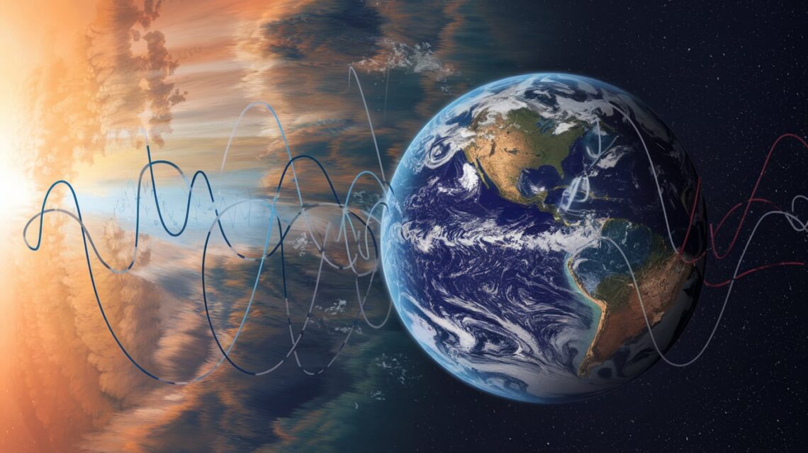 Ilustração-de-um-planeta-Terra-mostrando-o-processo-de-reversão-geomagnética-com-os-polos-magnéticos-se-deslocando-de-suas-posições-originais-e-as-linhas-do-campo-magnético-se-curvando-e-se-fragmentando-No-fundo-há-uma-visão-artística-de-partículas-solares-impactando-a-atmosfera-da-Terra