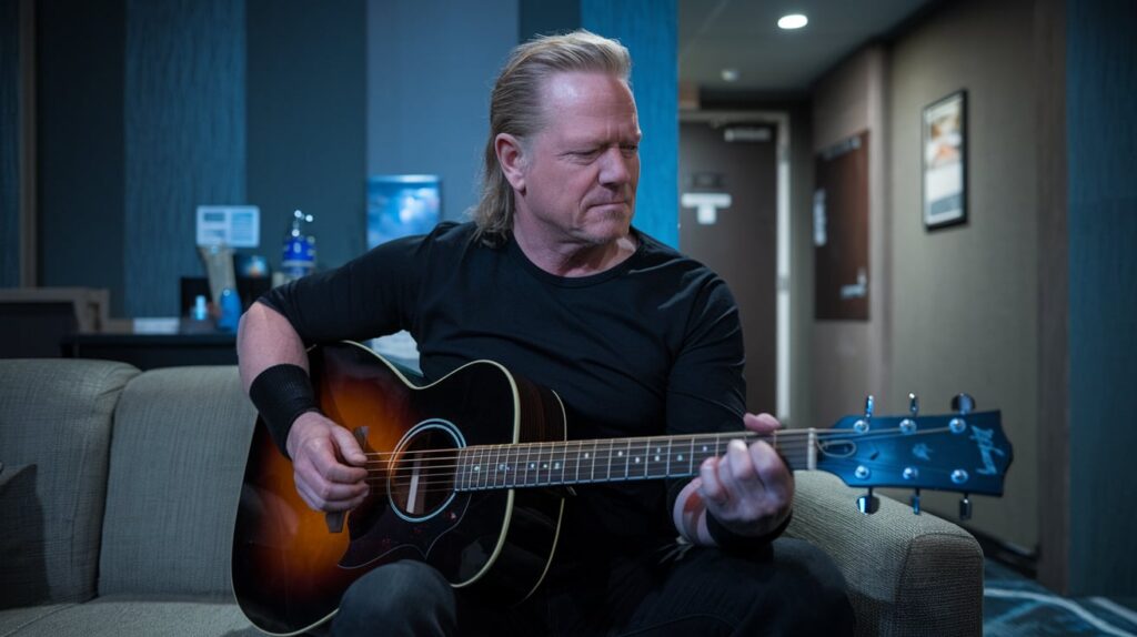 James-Hetfield-tocando-guitarra-acústica-em-um-quarto-de-hotel-escuro-e-solitário-com-uma-expressão-de-introspecção-cordas-de-guitarra-destacadas-na-imagem-enquanto-as-notas-de-Nothing-Else-Matters-ecoam-pelo-ambiente-Um-fundo-com-tons-de-azul-e-cinza-reflete-a-melancolia-da-canção-Ao-fundo-a-silhueta-de-uma-estrada-longa-e-vazia-simboliza-a-solidão-da-turnê