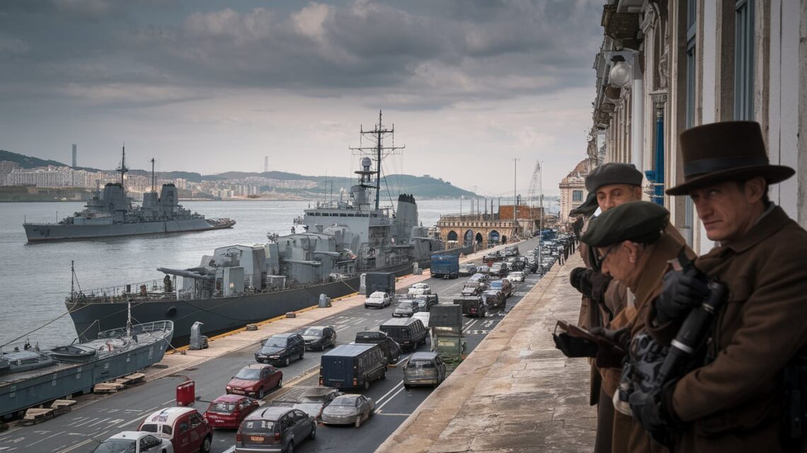 A-movimentada-Lisboa-dos-anos-1940-com-um-ambiente-de-Segunda-Guerra-Mundial-espiões-à-espreita-nas-sombras-enquanto-navios-de-guerra-e-diplomatas-cruzam-o-porto-sob-um-céu-cinzento-e-nebuloso