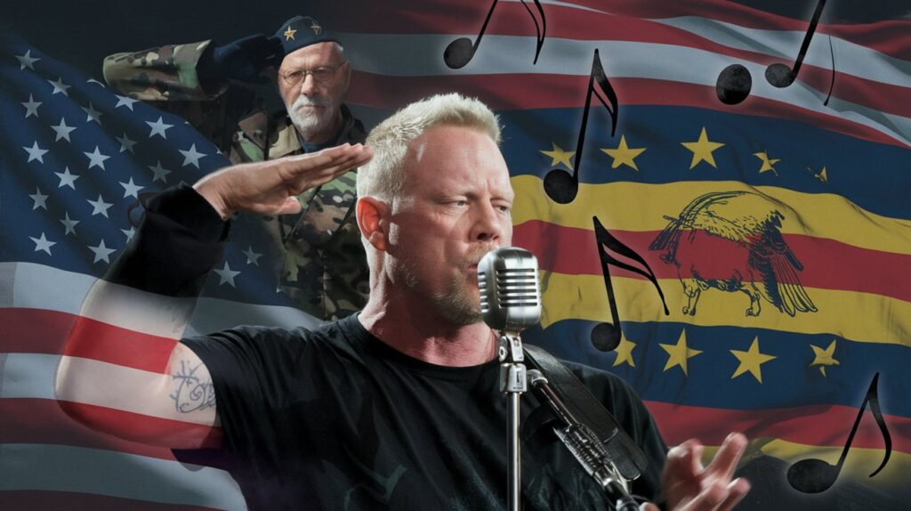 Montagem-com-elementos-icônicos-do-clipe-de-'Nothing-Else-Matters':-James-Hetfield-cantando,-partituras-musicais-voando-pelo-ar,-a-bandeira-de-Gadsden-ao-fundo,-e-um-ex-soldado-recebendo-cumprimentos-simbolizando-os-temas-de-liberdade-e-sacrifício-presentes-na-canção-Um-fundo-de-tons-escuros-e-luzes-suaves-transmite-o-tom-introspectivo-e-emocional-da-música