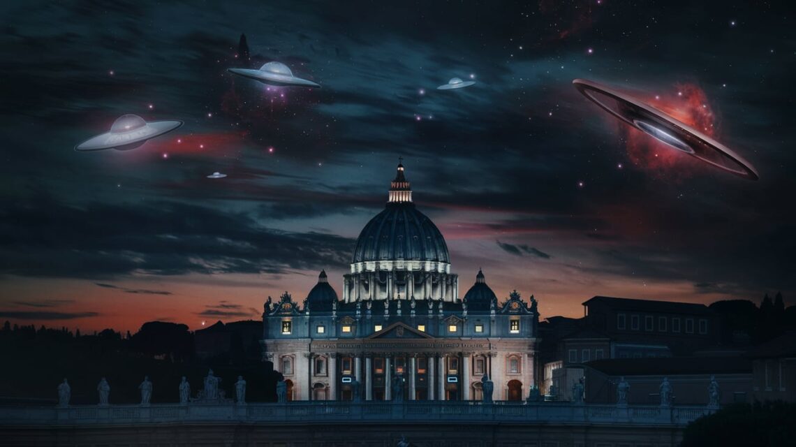 Uma-imagem-escura-e-atmosférica-do-horizonte-da-Cidade-do-Vaticano-à-noite-com-misteriosas-luzes-cósmicas-e-OVNIs-no-céu-criando-uma-sensação-de-conspiração-e-segredos-extraterrestres