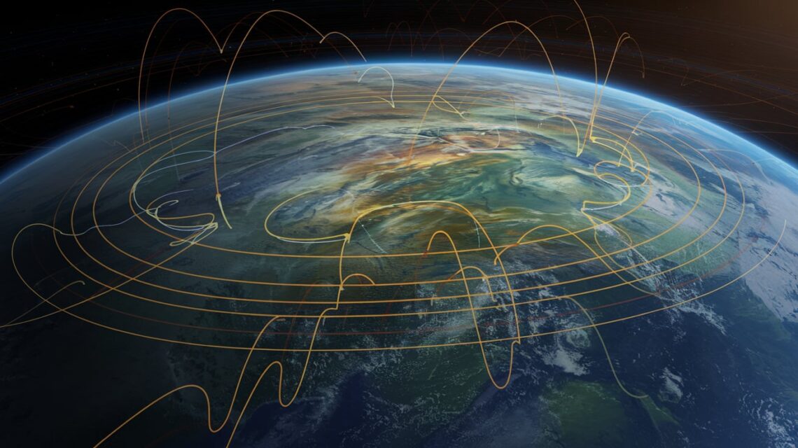 Uma-representação-detalhada-do-campo-magnético-da-Terra-com-um-visual-que-mostra-as-linhas-de-força-magnética-saindo-do-núcleo-do-planeta-gradualmente-enfraquecendo-e-se-distorcendo-enquanto-o-espaço-ao-redor-revela-a-interação-com-ventos-solares-O-fundo-do-espaço-escuro-destaca-o-planeta-em-tons-de-azul-e-verde.