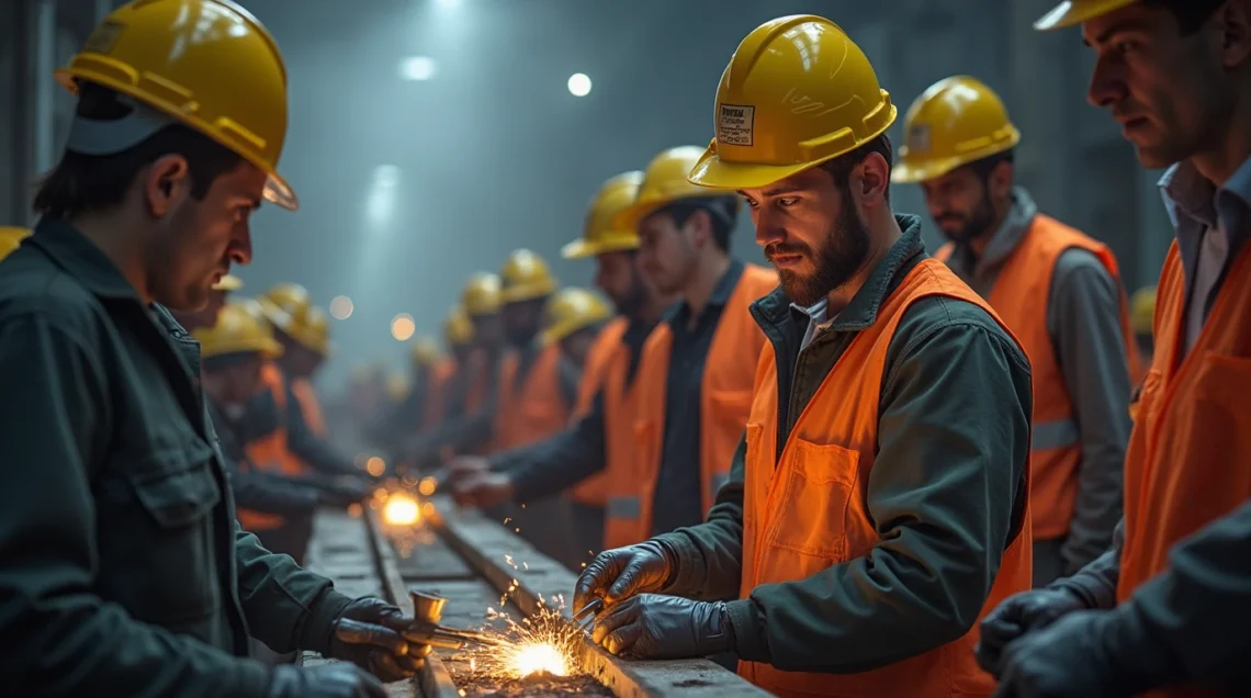 Um-grupo-de-trabalhadores-unidos-em-uma-forja,-representando-a-força-da-comunidade-e-a-luta-por-justiça-social-com-um-fundo-industrial