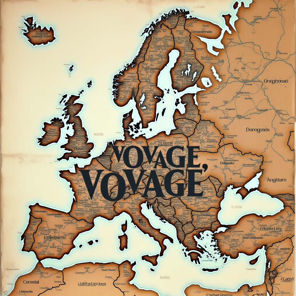 "Um-mapa-estilizado-da-Europa-com-a-palavra-'Voyage,-Voyage'-escrita-em-letras-grandes,-cercada-por-notas-musicais-e-elementos-de-sintetizadores,-representando-o-sucesso-internacional-da-música-de-Desireless-nos-anos-80."