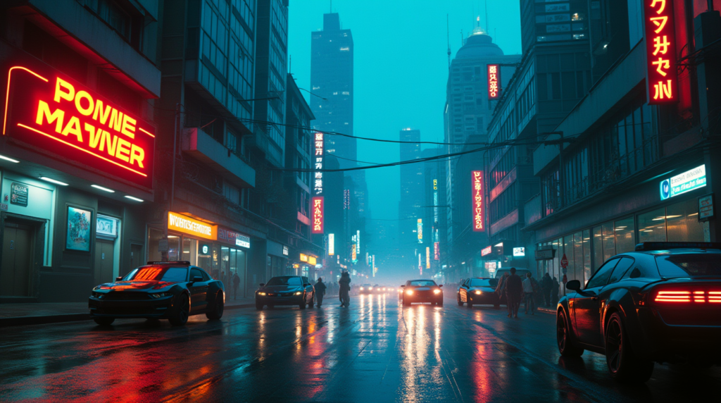 Uma cena futurista de uma cidade distópica com luzes neon e chuva, evocando o ambiente de Blade Runner, com elementos de ficção científica.